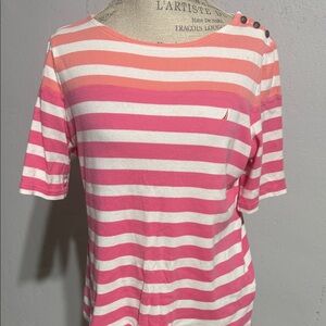 Nautica Coral and White Striped Tee